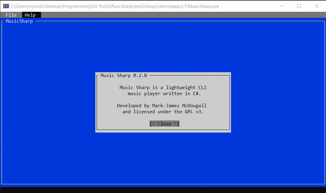 Screenshot of the MusicSharp about dialog