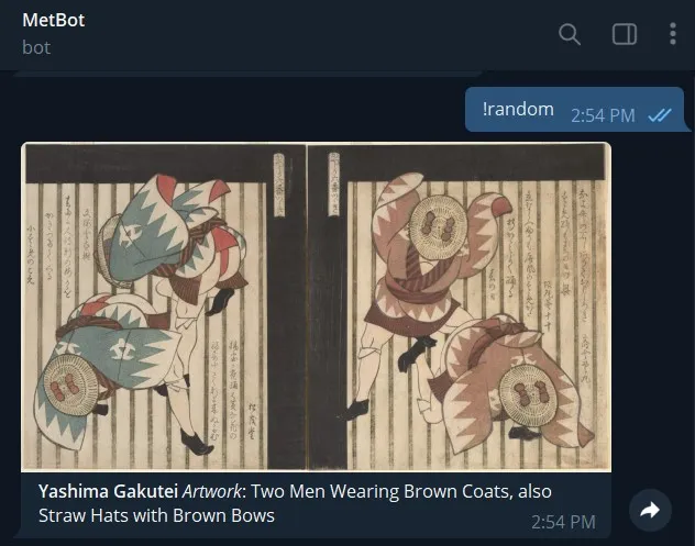 Telegram bot displaying a random image from the Met's collectionTelegram bot displaying a random image from the Met's collection
