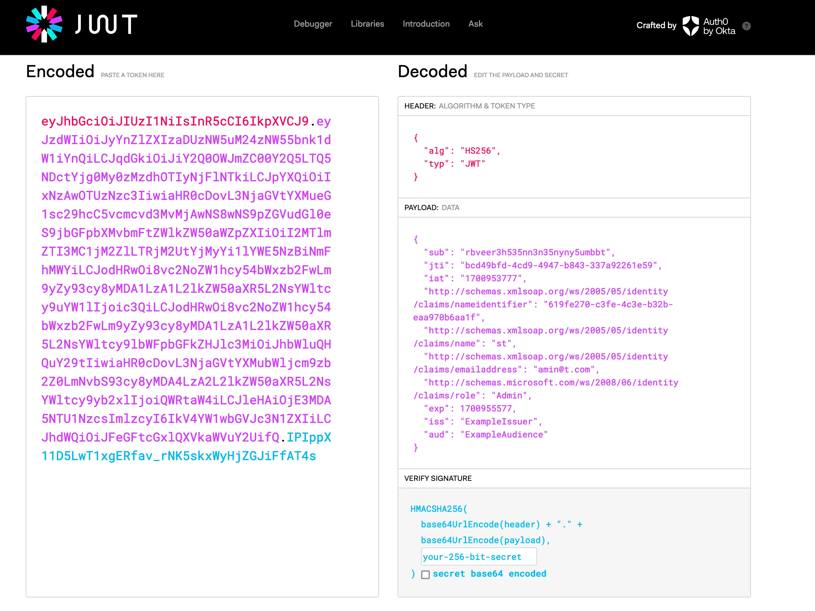 Decoded JWT token